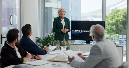 Presentation, climate change and speaker with business people in office environment