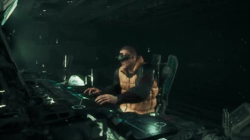 Un hacker dans une pièce cyberpunk sombre tente une faille de sécurité 3