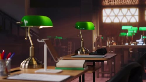 Empty Heritage Library Filled with Vintage Decorations and Refined Wooden Desks