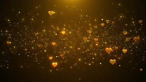 Golden shining heart shaped glitter background. St. Valentines Day love animation. Blurry bokeh defo