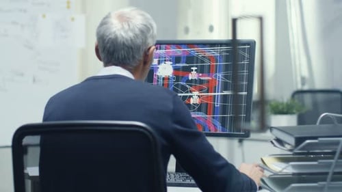 Backview of Senior Architectural Engineer Working with 3D Model on His Personal Computer. Also His