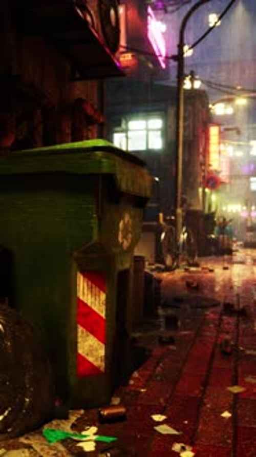 Trash Can on Asian Street in Rain