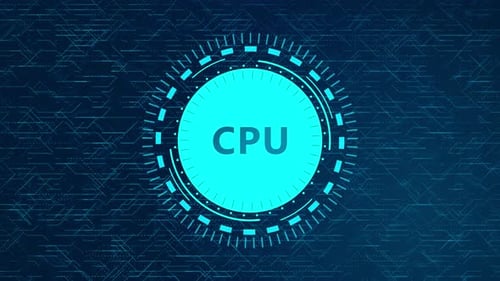 Futuristisches CPU-Konzept mit rotierenden HUD-Elementen und Schaltungsdesign