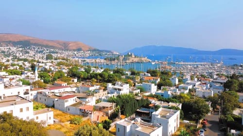 Aerial view of large tourist city of Bodrum in Turkey from drone,