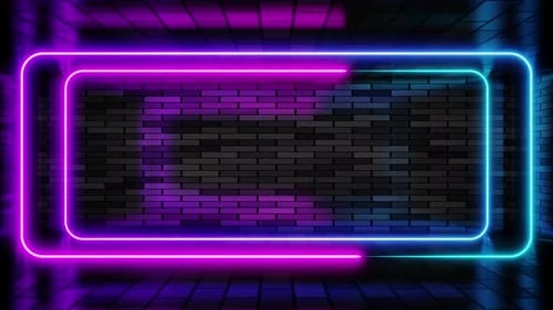 Double neon frame purple and cyan lights motion loops square on brick wall background 3d render
