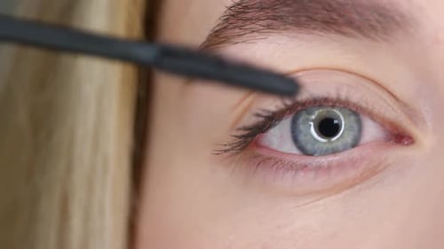Close up of putting mascara on lashes of female blue eye