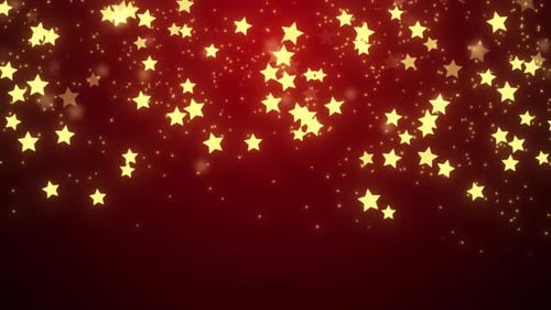 Goldene Sterne, die auf roten Hintergrund mit Farbverlauf fallen. Twinkle fängt an zu fallen wie auf weihnachtlichem Hintergrund