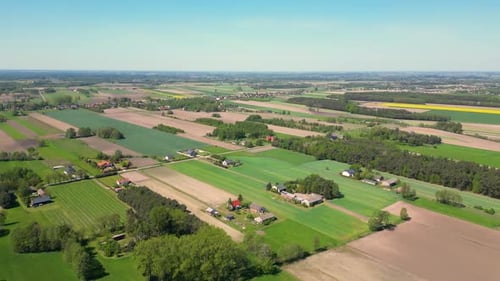 Aerial view with the landscape geometry texture of a lot of agriculture fields with different plants