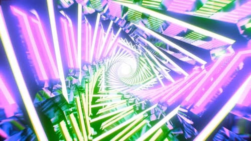 Flying through glowing twisted triangle tunnel, seamless animation. 3D render