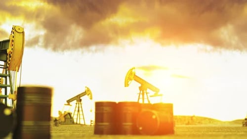 Working Oil Pump and Oil Barrels on Oil Production Field 3d Animation