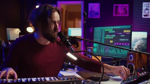 Artist Singing a Song at Microphone and Playing Electronic Piano to Create Music
