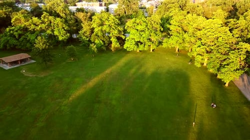 Drohnenansicht des Parks, der grünen Landschaft und des Waldes. Sonnenuntergang mit Leuten, die Fanaktivitäten in t haben