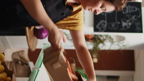 Vertical Video Bio Food Shop Vendor Helps Man with Info