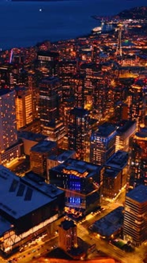 Washington state american city at night. Aerial urban evening. Vertical video