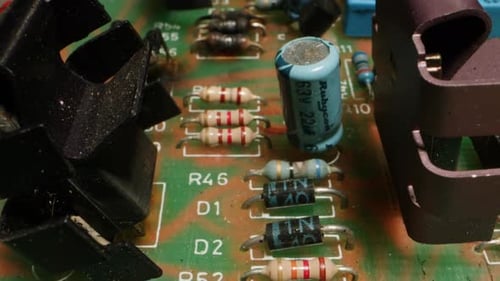 Radio Parts of the Old Amplifier Vintage Transistors and Chips Hifi Vintage Audio Player Close Up