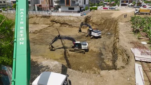 Aerial View Building Begins First Concrete Pour and Heavy Machines