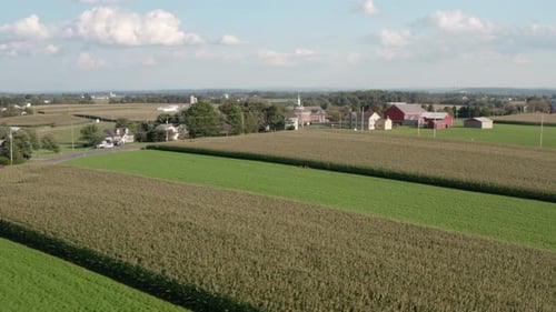 Aerial of homes in rural America. Beautiful summer drone shot. Red barn, roads, green fields. Cinema