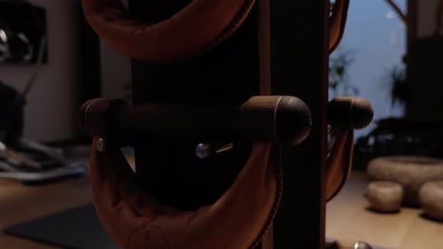 Special fitness weights for rugby power training in an empty gym.