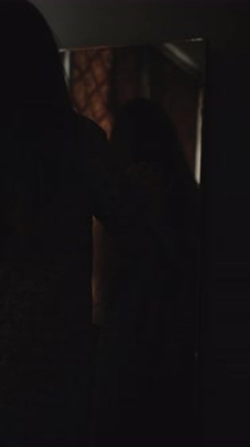 Woman in Robe Standing Before Mirror in Dim Light