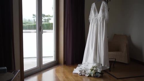 Elegant Wedding Dress, Bouquet, and Shoes