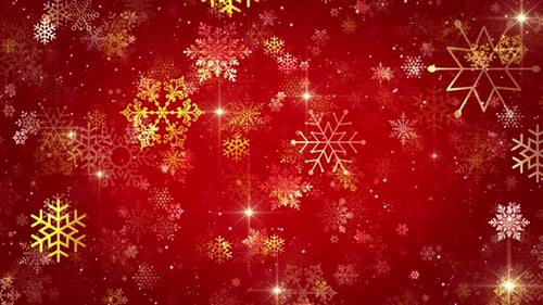 Golden Christmas Snowflakes Falling on Red Background with Sparkles