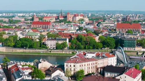 Aerial Hyperlapse of Podgorze District in Krakow with View of Royal Wawel Castle
