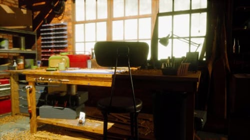 Vintage Wild West Carpenter Shop Interior with Antique Tools