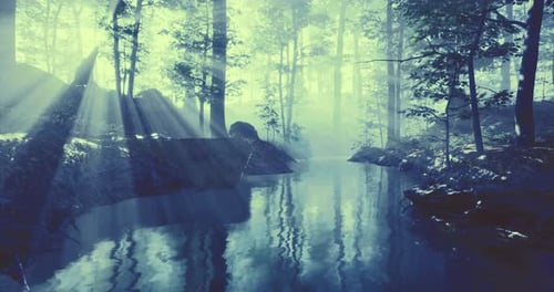 Mysterious Stream in a Foggy Forest Illuminated By Soft Sunlight Rays