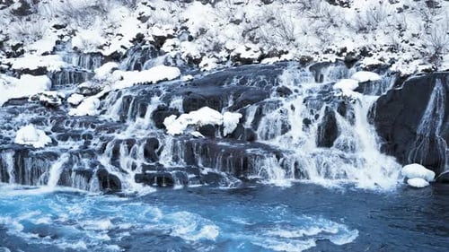 Waterfall Iceland Snowy Mountain Cold River Winter Blue Glacial Water Magical