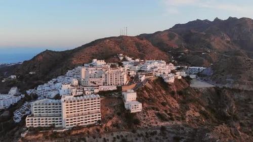 The white village Mojácar during sunset. Aerial shot.