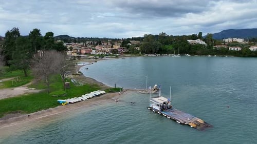 Aerial View of Picturesque Coastal Town and Blue Water