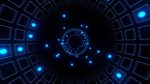 Blauer Blitz in Neonfarben, quadratische Elemente, Tunnelhintergrund, VJ Loop In 4K