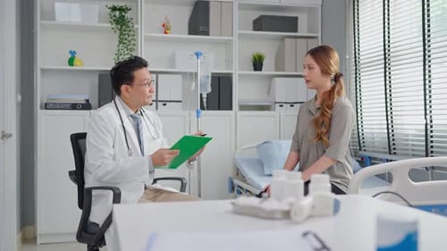 Asian young woman visit and consult health problem with doctor in hospital.