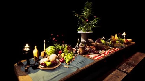 Rustic Feast Table with Food and Candles Animation