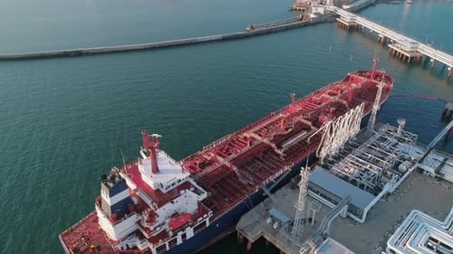 Aerial View of a Tanker is Loading in Oil Berth Harbour Terminal