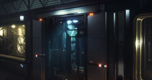 Mysterious Corridor with Glowing Door in a Futuristic Setting During Night