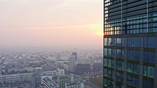 City Skyline At Sunset In Warsaw, Poland. Aerial Drone Shot