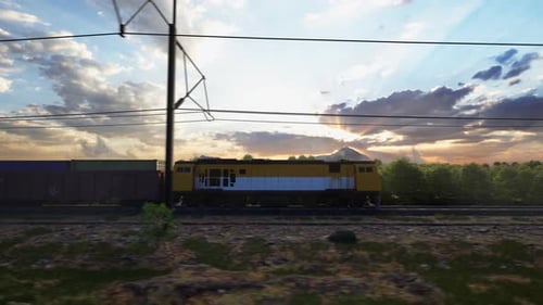 3D Freight Train Moving at Sunset on Railway Tracks
