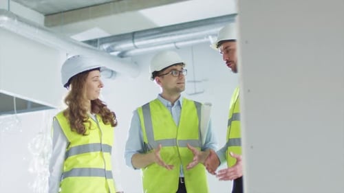Team of Engineers in Hard Hats Having Conversation, Looking at Blueprint, inside Building Under Con