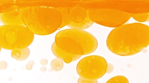 Slow Motion of Moving Yellow Golden Oil Air Bubbles in Water Rising Up on Light White Background