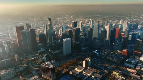Light of morning sun illuminating the group of skyscrapers in the downtown of Los Angeles