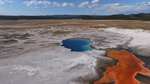Aerial Video of Deep Green Blue Geyser Pool in the Yellowstone National Park