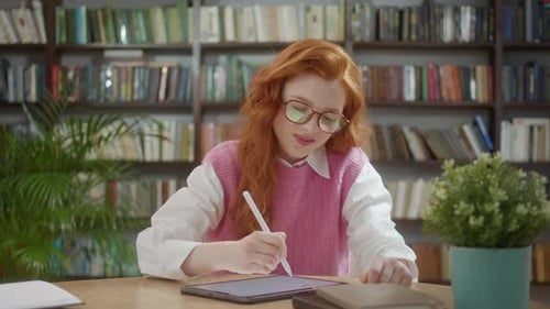 Girl Studies Using Tablet at Library Table