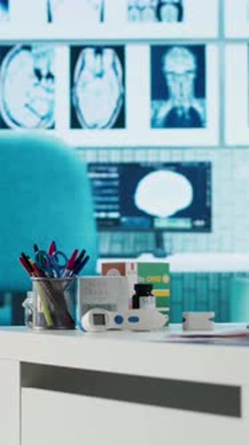 Vertical Video Empty Medical Office with Computers and Diagnostic Tools Set Up