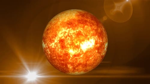 Front view of rotating 3d sun with background, science and technology video concept. Vd 796