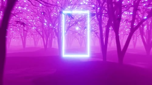 Enchanting neon forest tunnel glowing with dreamy purple light