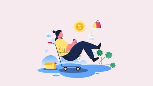 Animated Flat Design Illustration of Online Shopping and Discounts