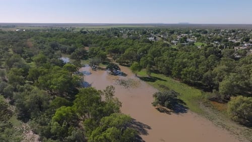 Aerial: Flooded bushland from an overflowing Darling River in Bourke, Outback New South Wales, Austr