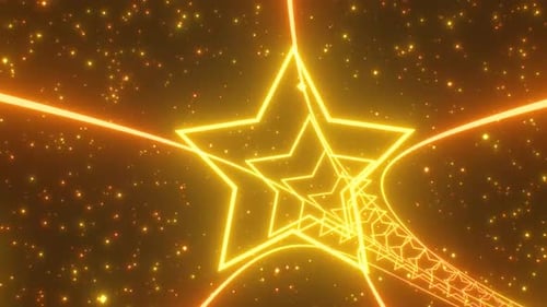 Wavy Tunnel Of Golden Five Pointed Stars Neon Glowing Light 3D Tunnel