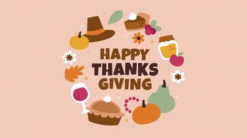 Happy Thanksgiving Flat Design Animation with Fall Harvest Items